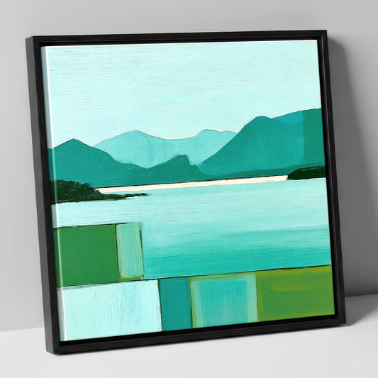 Derwentwater in Teal and Mint lake district lake canvas wall art in black frame