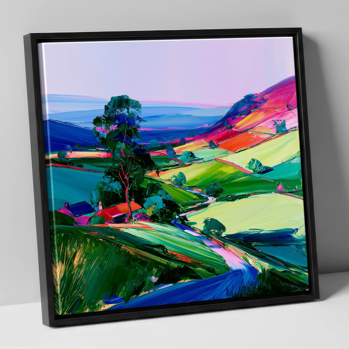 Vibrant Patchwork Dale Fields lake district valley canvas wall art in black frame
