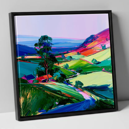 Vibrant Patchwork Dale Fields lake district valley canvas wall art in black frame