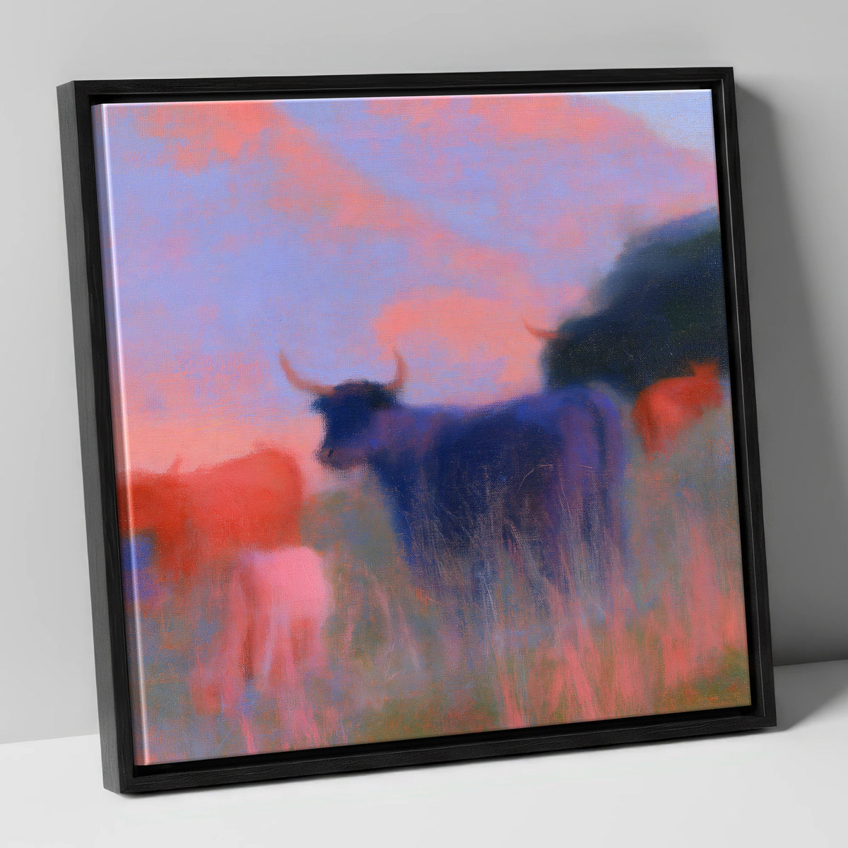 Highland Cattle in Violet Dusk lake district wildlife canvas wall art in black frame