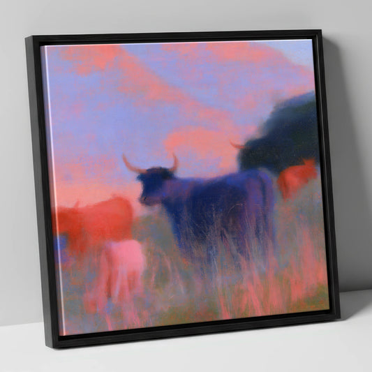 Highland Cattle in Violet Dusk lake district wildlife canvas wall art in black frame