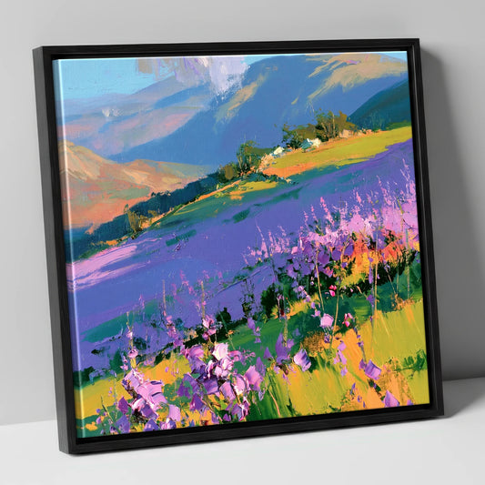 Vibrant Heather on a Lakeland Fellside flowers & fellsides canvas wall art in black frame