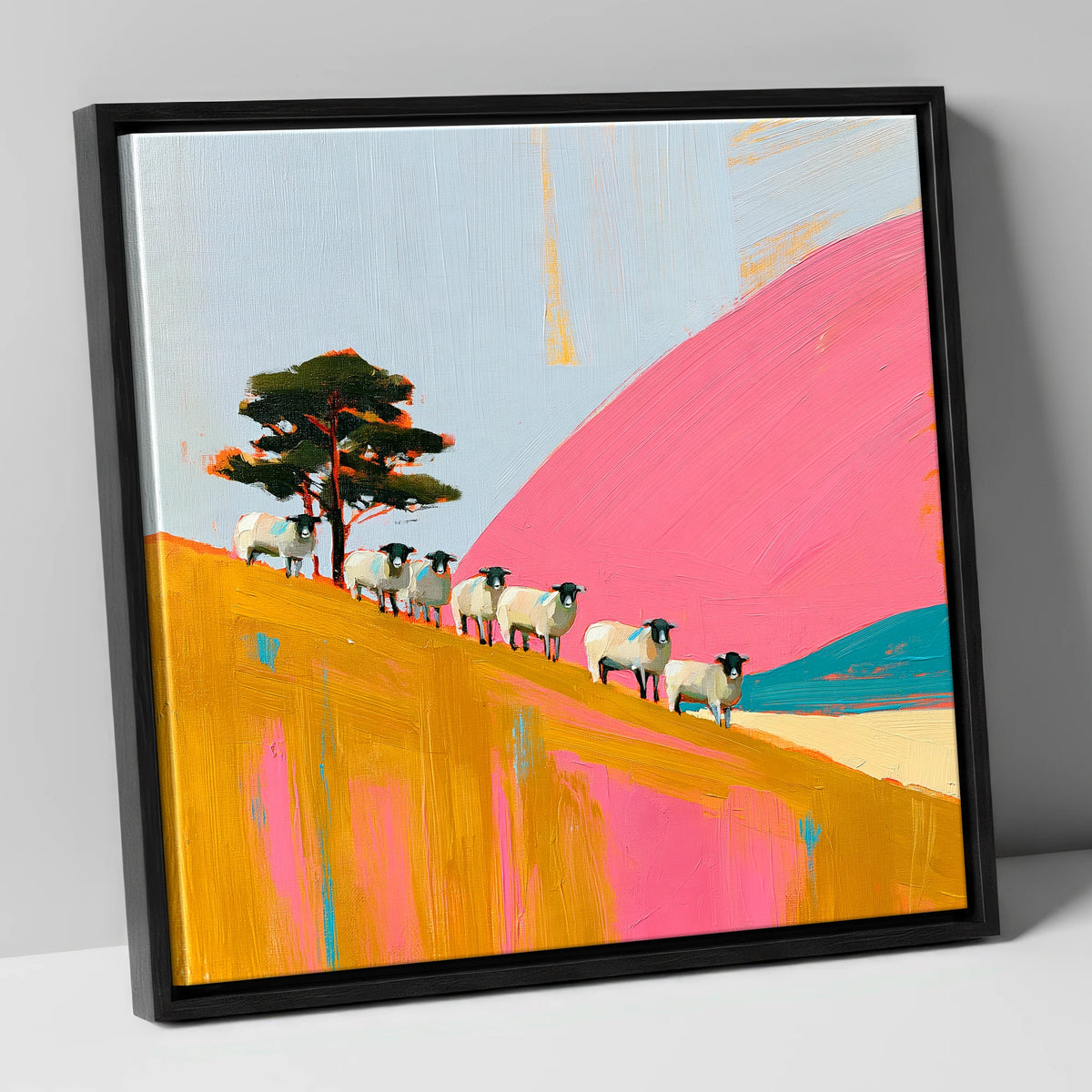 Herdwick Sheep on Pink Fellside lake district wildlife canvas wall art in black frame