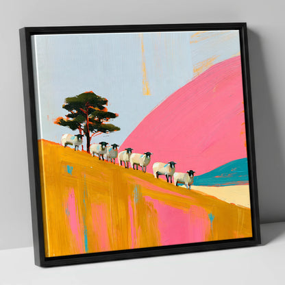 Herdwick Sheep on Pink Fellside lake district wildlife canvas wall art in black frame