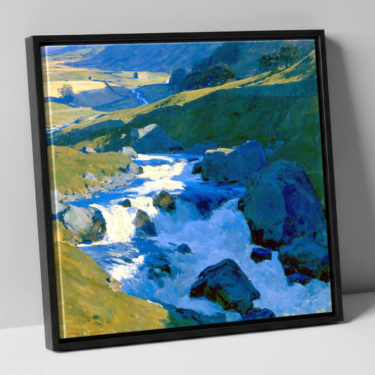Sunlit Rushing Fellside Beck lake district waterfall canvas wall art in black frame