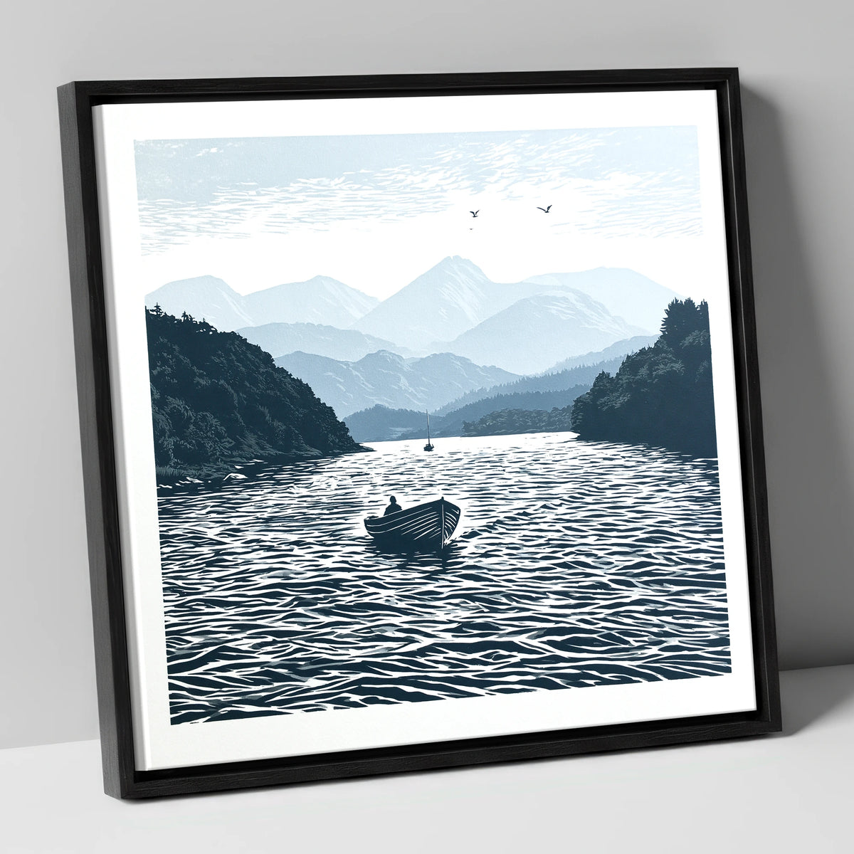 Coniston Water in Deep Navy lake district lake canvas wall art in black frame