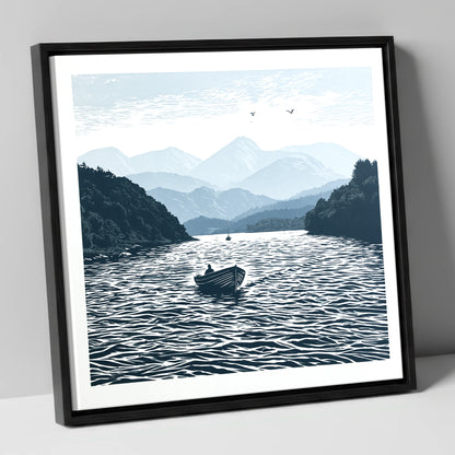 Coniston Water in Deep Navy lake district lake canvas wall art in black frame