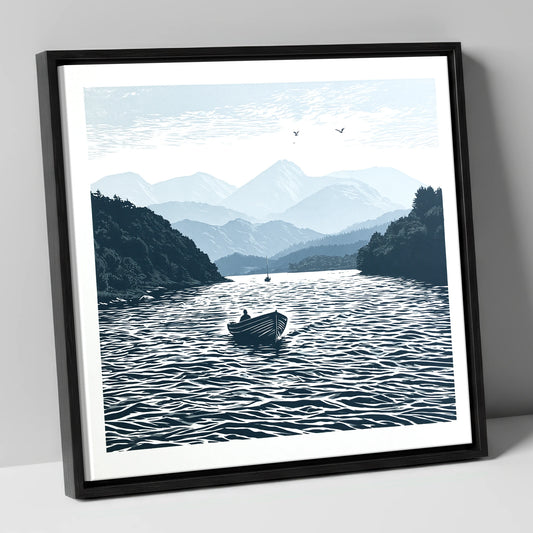 Coniston Water in Deep Navy lake district lake canvas wall art in black frame