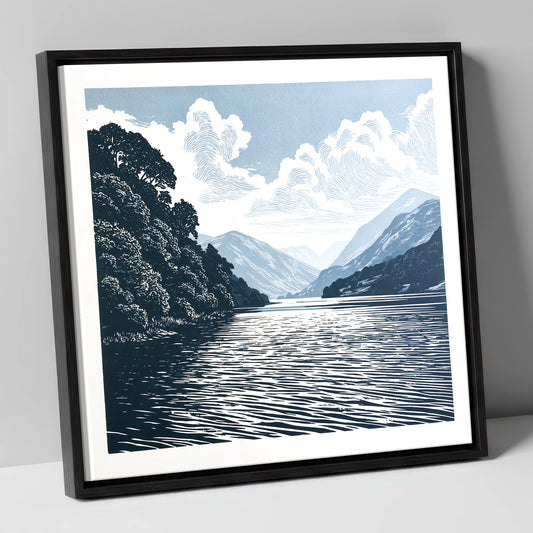 Deep Blue Coniston Water Fells lake district lake canvas wall art in black frame