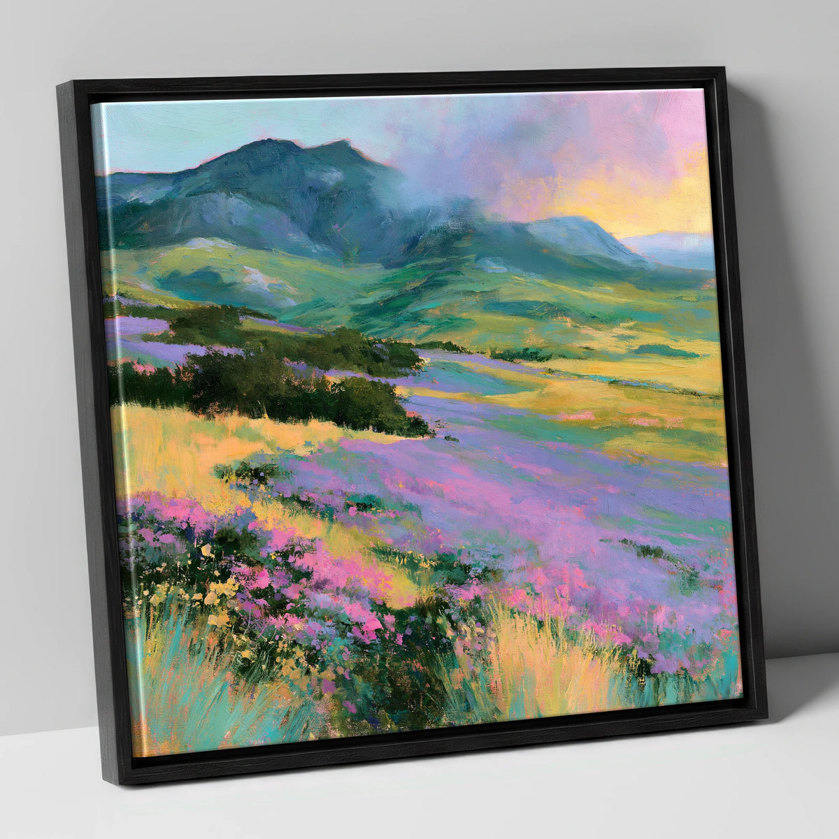 Vivid Heather on Lakeland Fells flowers & fellsides canvas wall art in black frame