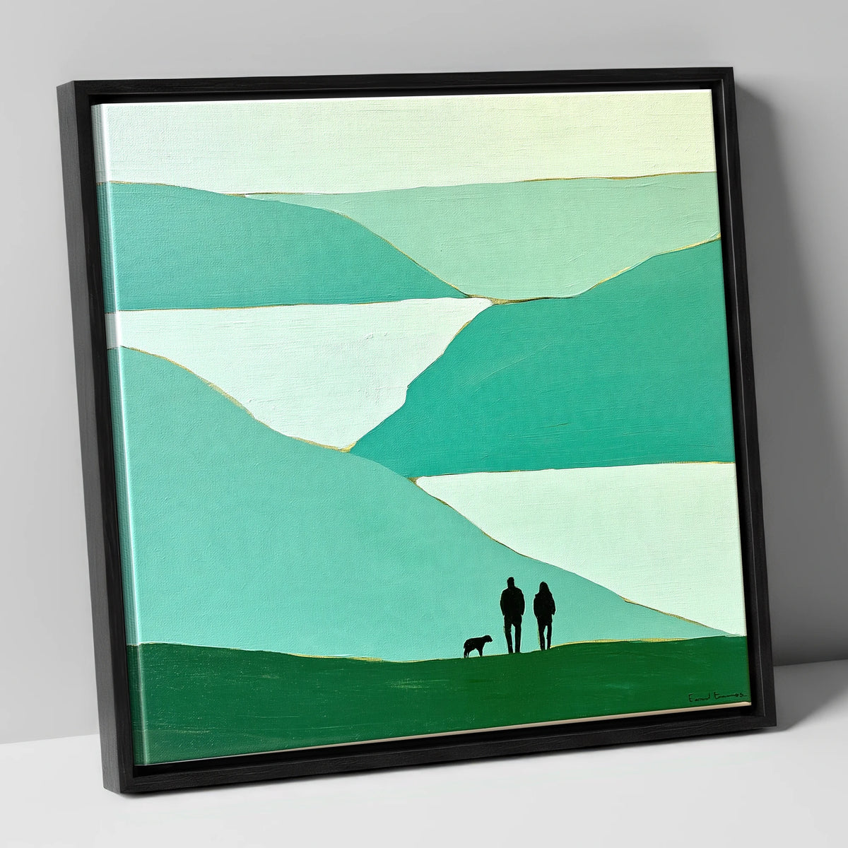 Glenridding Walkers in Teal Fells gifts for dog walkers canvas wall art in black frame