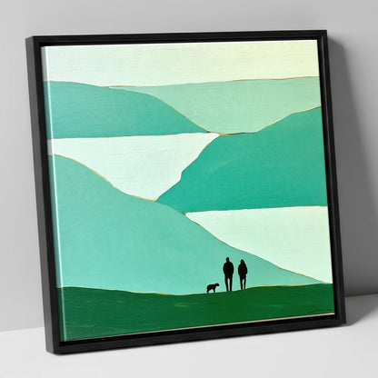 Glenridding Walkers in Teal Fells gifts for dog walkers canvas wall art in black frame