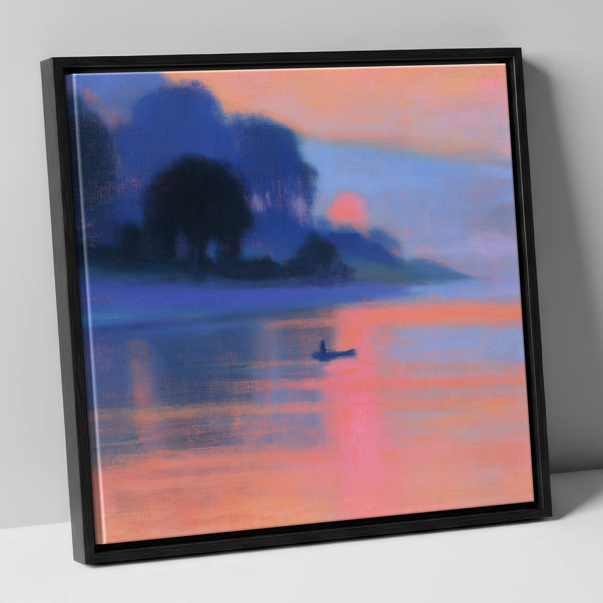 Indigo and Pink Lake Sunset lake district lake canvas wall art in black frame