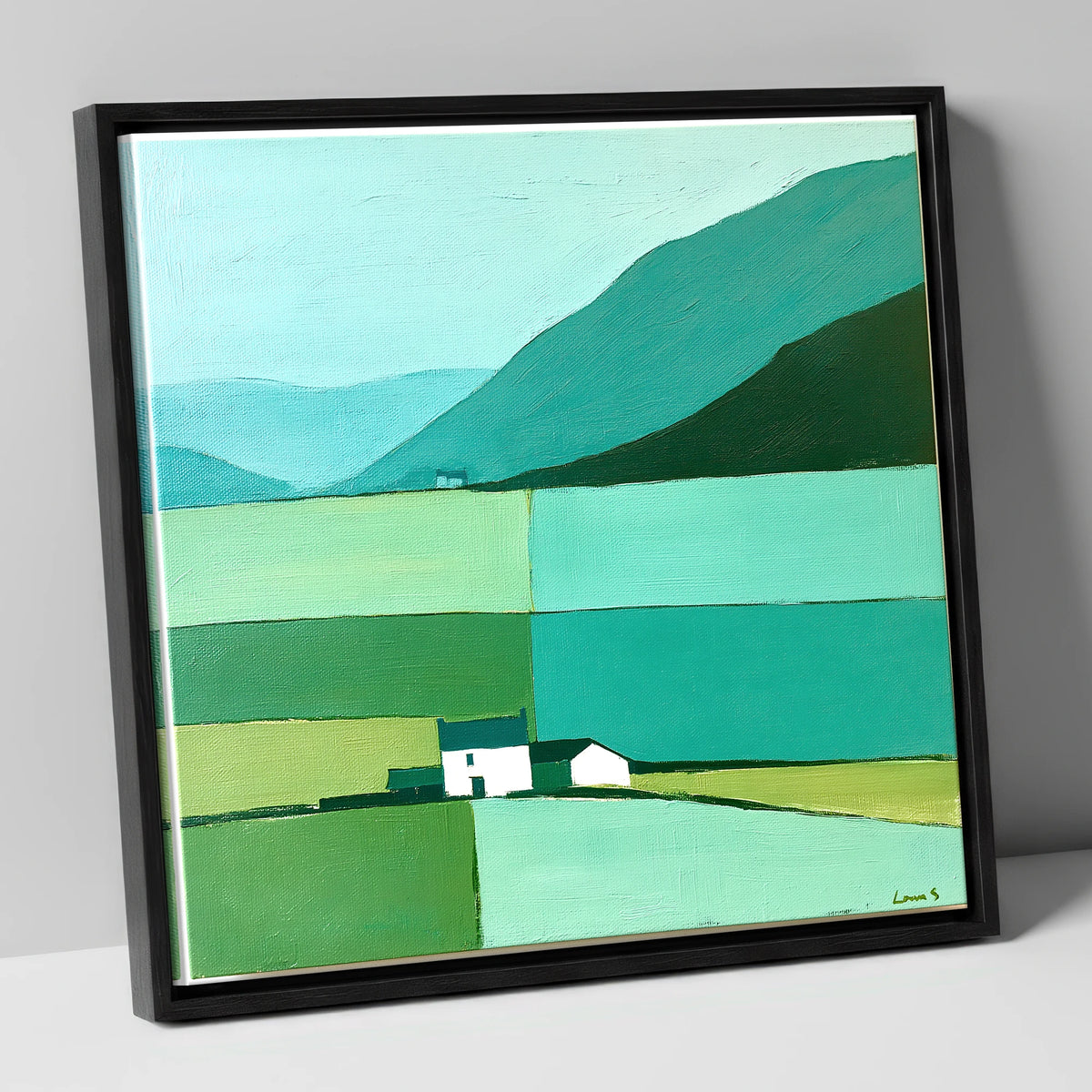 Grasmere Valley in Teal and Mint lake district lake canvas wall art in black frame