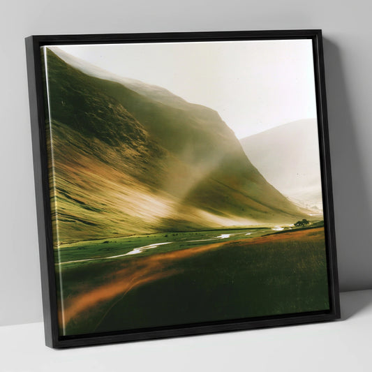 Golden Light Over Valley Fells lake district valley canvas wall art in black frame