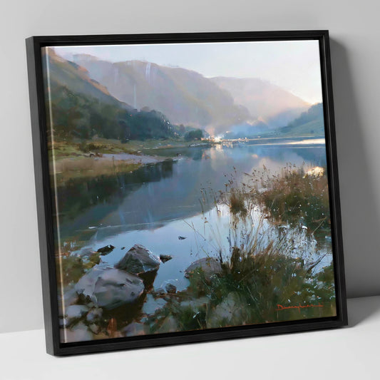 Still Lake Beneath Misty Fells lake district lake canvas wall art in black frame