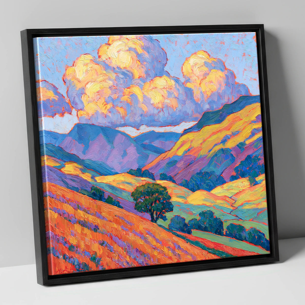 Golden Fellside with Violet Shadows lake district fell canvas wall art in black frame