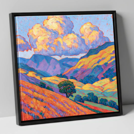 Golden Fellside with Violet Shadows lake district fell canvas wall art in black frame