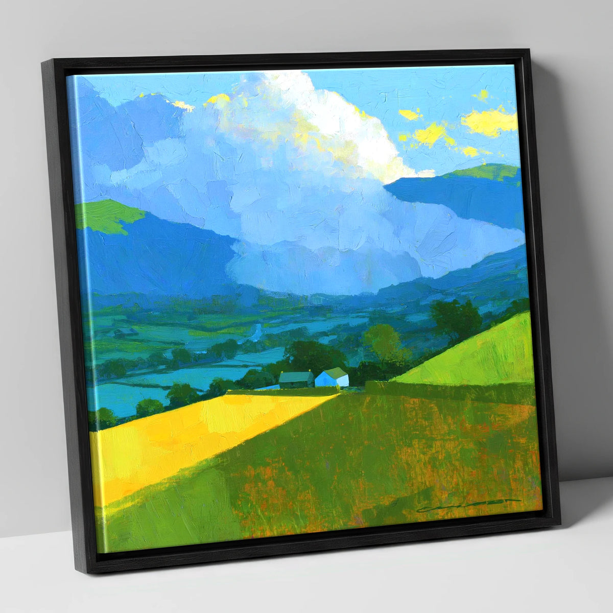 Vibrant Valley Fields and Towering Clouds lake district sky canvas wall art in black frame