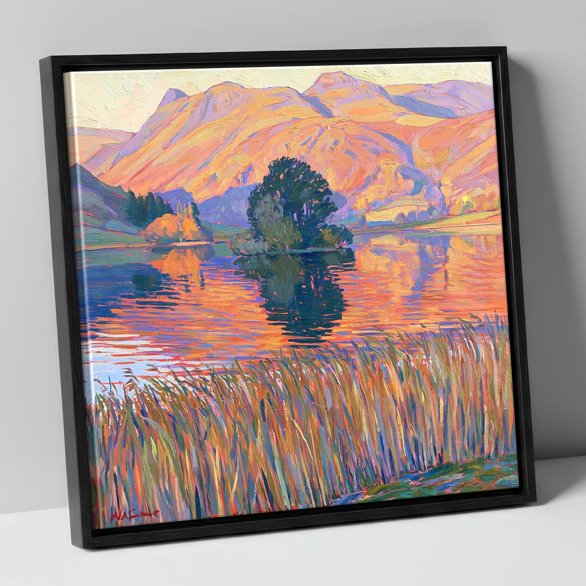 Vibrant Grasmere Island and Fells grasmere wall art canvas wall art in black frame