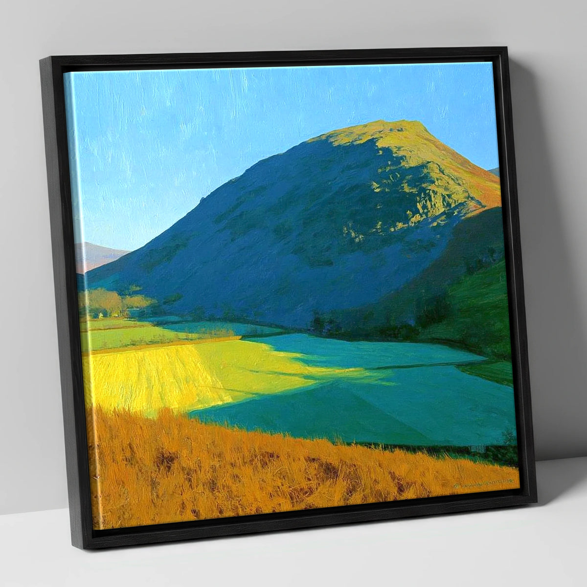 Sunlit Fields Below Low Fell lake district fell canvas wall art in black frame
