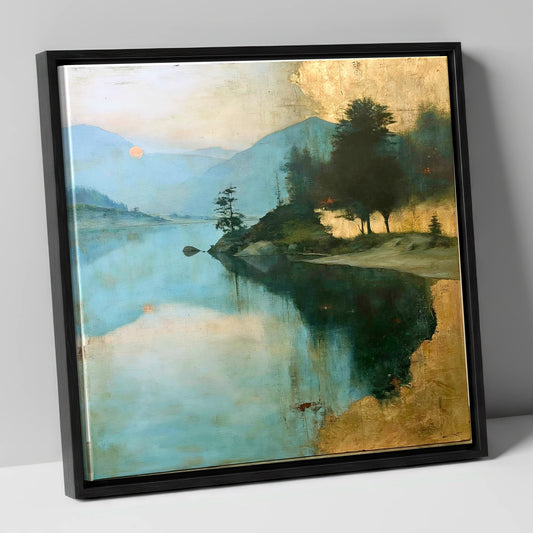 Teal Lake Sunrise with Golden Mist lake district lake canvas wall art in black frame