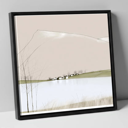 Minimalist Pooley Bridge and Lake lake district village canvas wall art in black frame