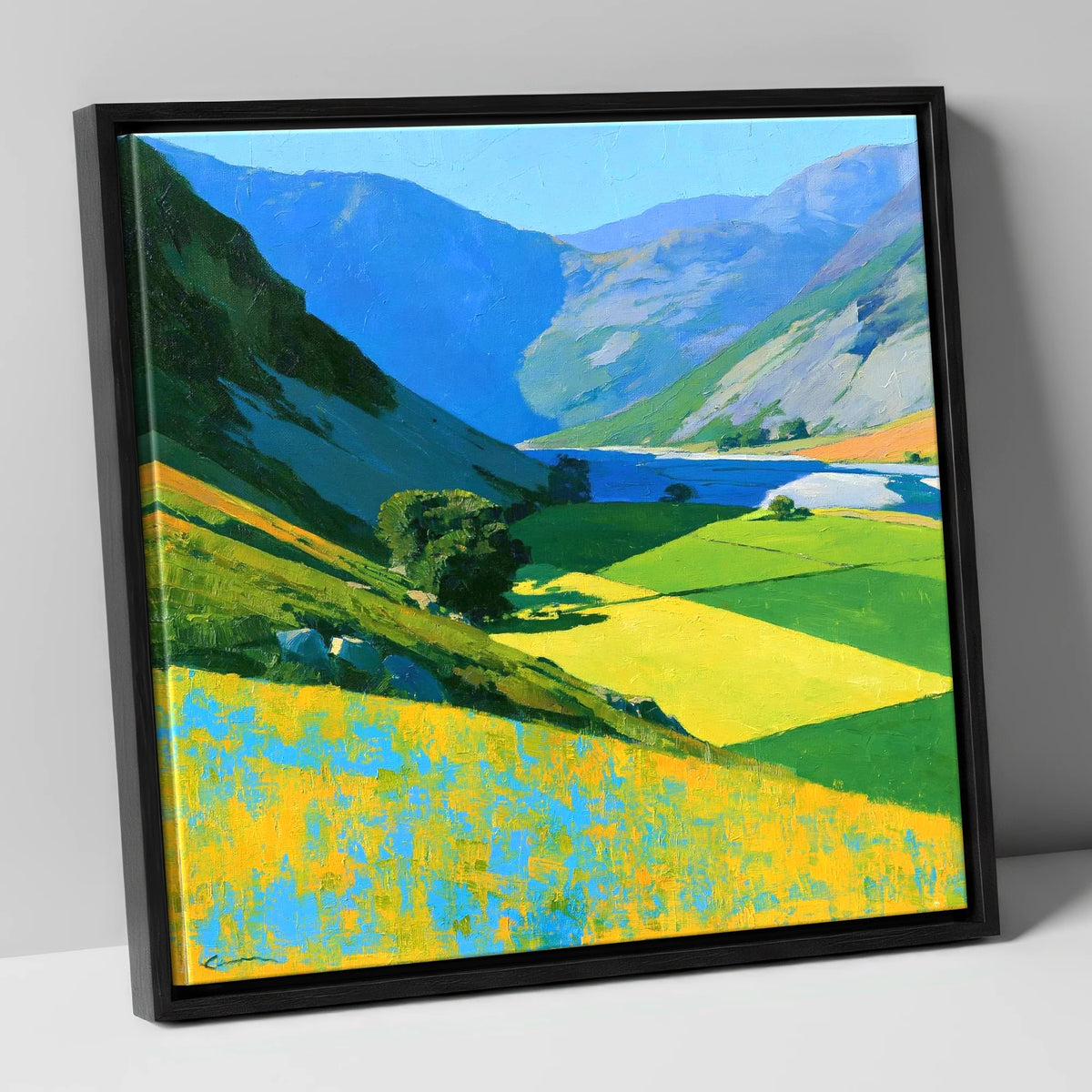 Vibrant Fields of the Buttermere Valley lake district valley canvas wall art in black frame