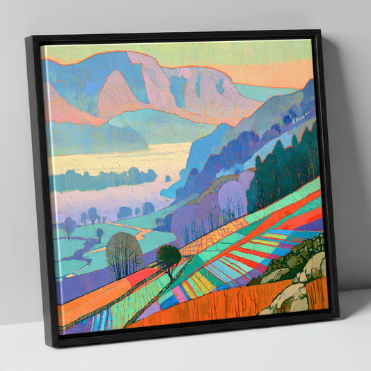 Vivid Morning Valley Mist lake district sky canvas wall art in black frame