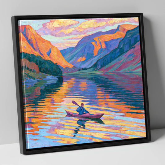 Vibrant Sunset Kayak on the Lake lake district walking canvas wall art in black frame