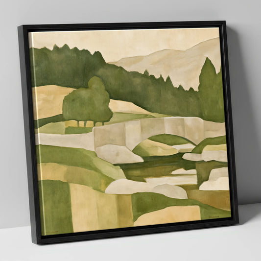 Stone Bridge In Muted Greens lake district waterfall canvas wall art in black frame