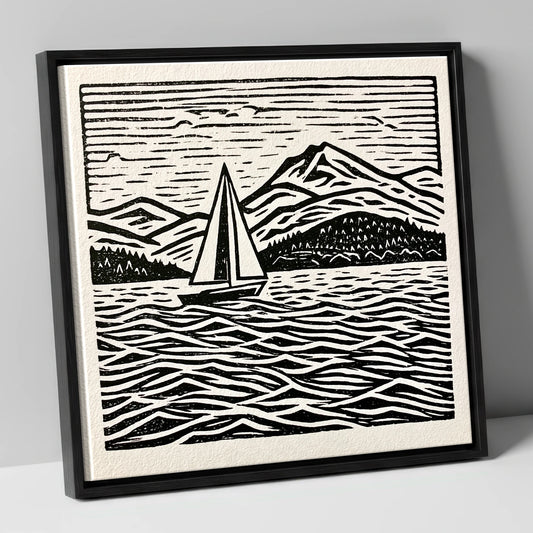 Monochrome Windermere Sailboat and Fells lake district lake canvas wall art in black frame