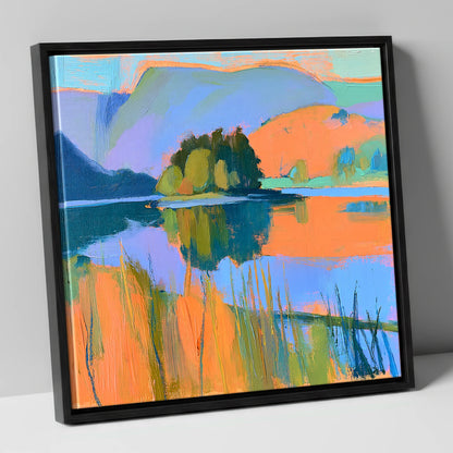 Vibrant Grasmere and Wooded Island lake district lake canvas wall art in black frame