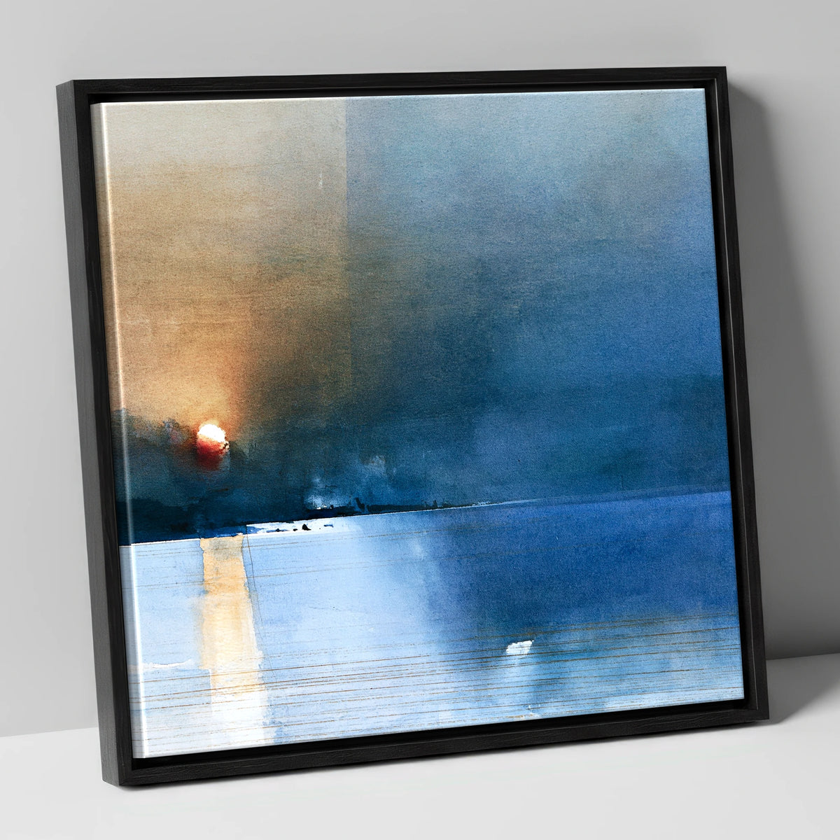 Indigo Sunset Over Lake Waters lake district lake canvas wall art in black frame