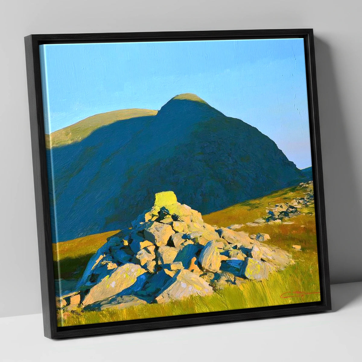 Sunlit Cairn Below Brandreth Peak lake district fell canvas wall art in black frame