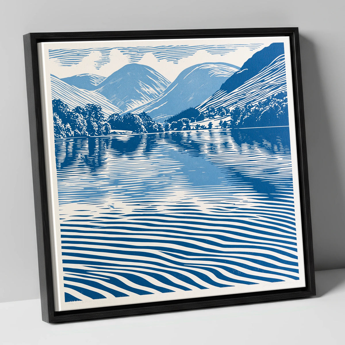 Cobalt Blue Lake Reflections lake district lake canvas wall art in black frame