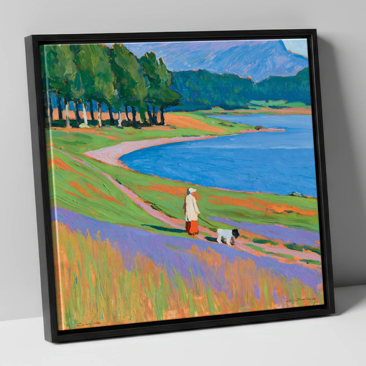 Vibrant Tarn Hows Dog Walk gifts for dog walkers canvas wall art in black frame