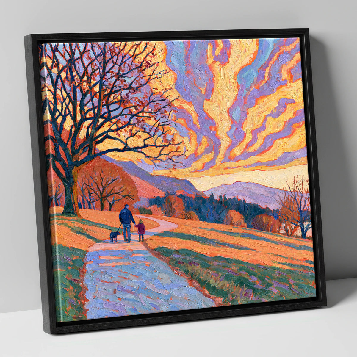 Fiery Sky Dog Walk Keswick gifts for dog walkers canvas wall art in black frame