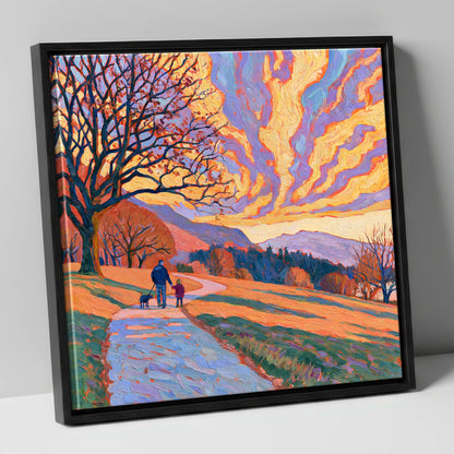 Fiery Sky Dog Walk Keswick gifts for dog walkers canvas wall art in black frame
