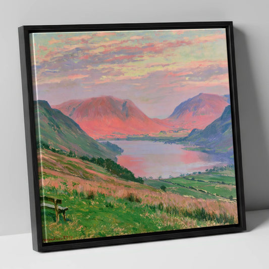 Loweswater Fells in Sunset Pink lake district lake canvas wall art in black frame