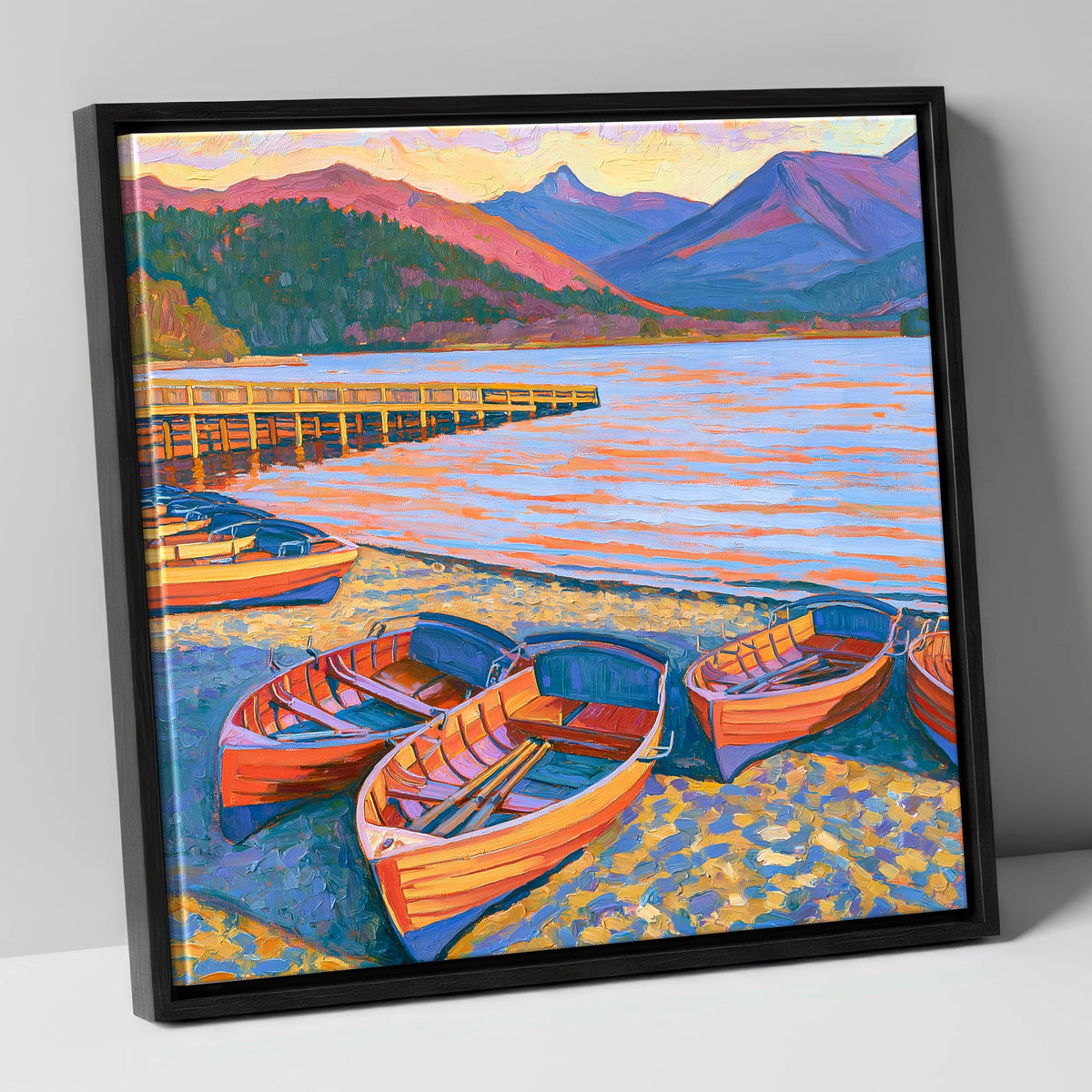 Orange Rowing Boats on Windermere lake district lake canvas wall art in black frame
