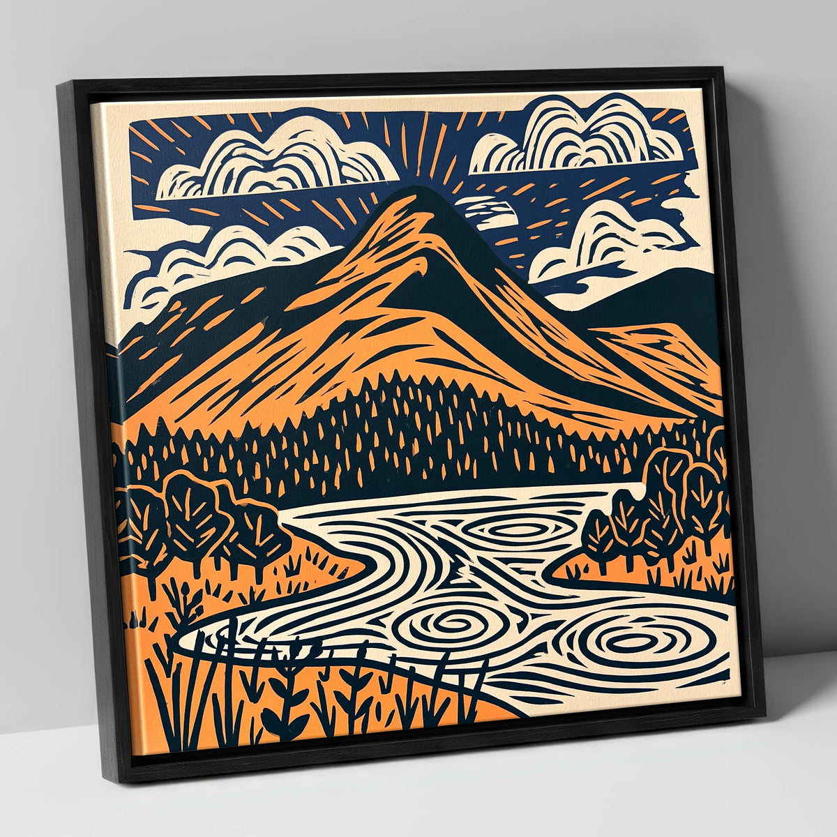 Catbells in Terracotta and Navy lake district fell canvas wall art in black frame