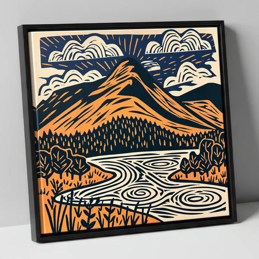 Catbells in Terracotta and Navy lake district fell canvas wall art in black frame