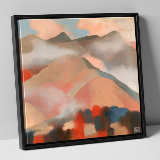 Misty Mountain Ridge In Coral lake district fell canvas wall art in black frame