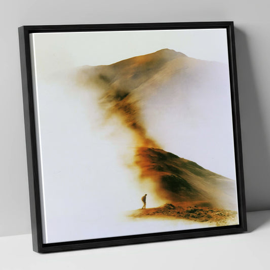 Lone Hiker in Copper Mist lake district walking canvas wall art in black frame