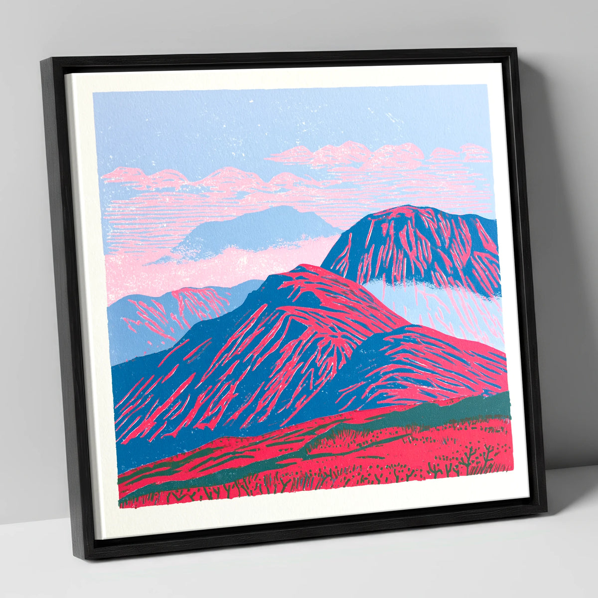 Vibrant Red Misty Mountain Ridge lake district fell canvas wall art in black frame