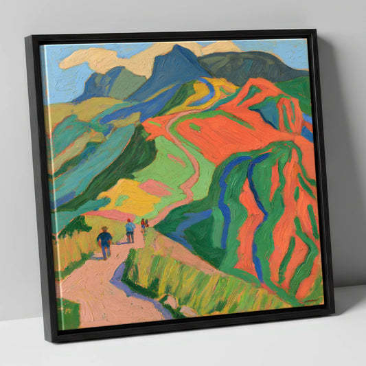 Walkers on a Vivid Fell Path lake district walking canvas wall art in black frame