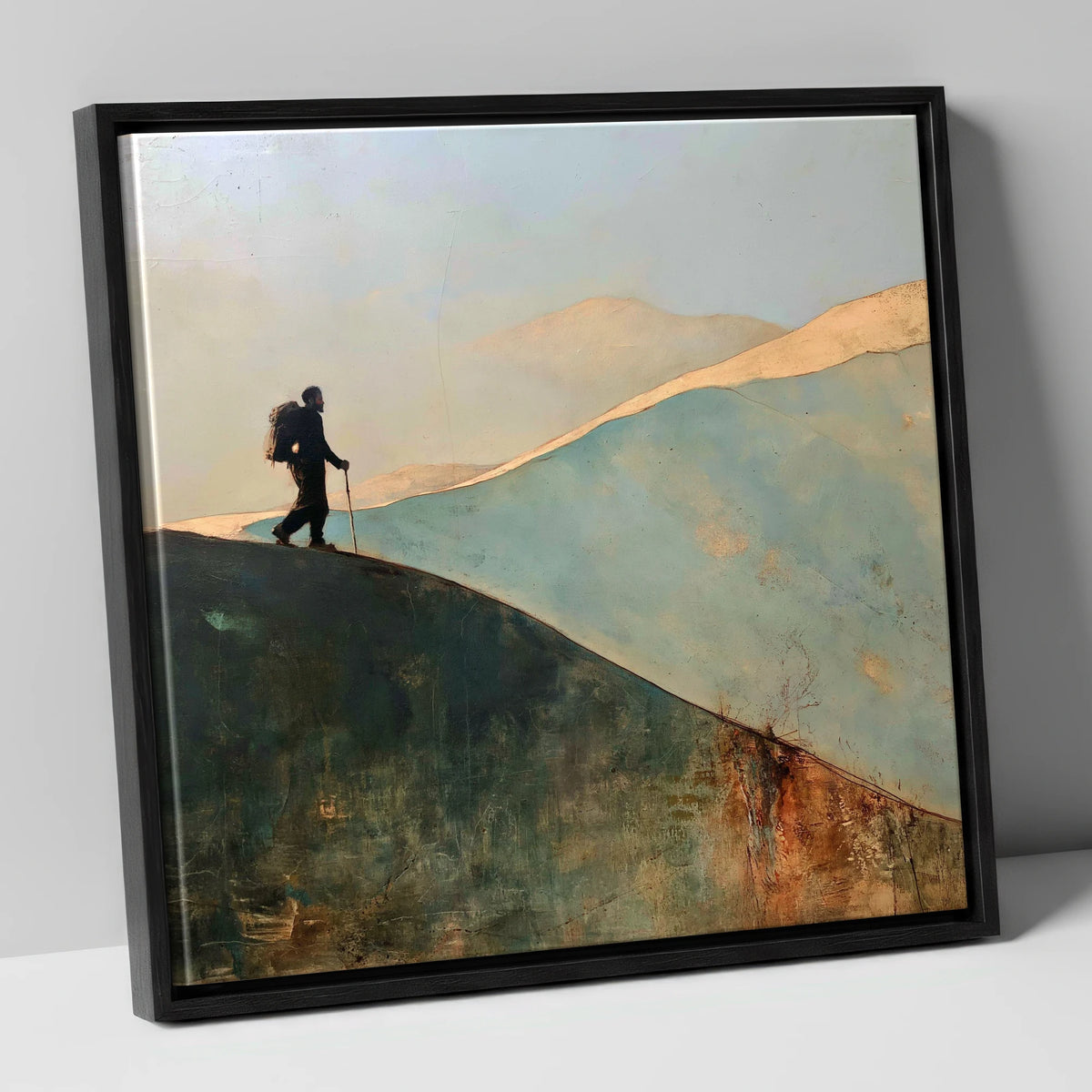 Silhouette Walker on Fell Ridge lake district walking canvas wall art in black frame
