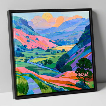 Vibrant Fells and Green Valley lake district valley canvas wall art in black frame