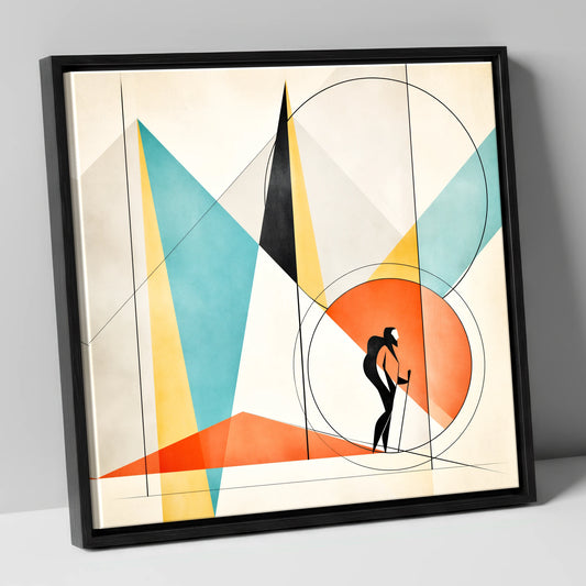 Geometric Lake District Hiker Silhouette lake district walking canvas wall art in black frame
